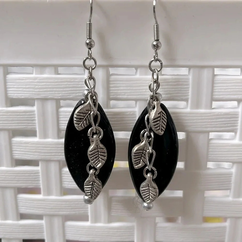 Handmade Dangling Earrings Large Black Bead  Silver Leaves